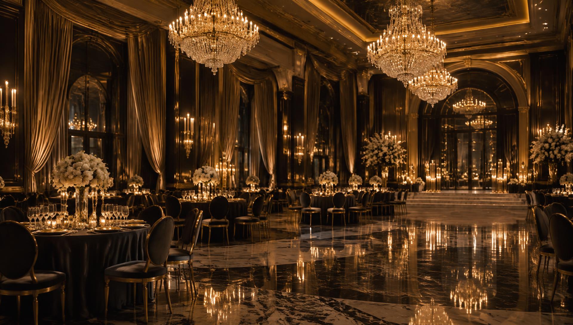 Prince Luxury Events ballroom with crystal chandeliers